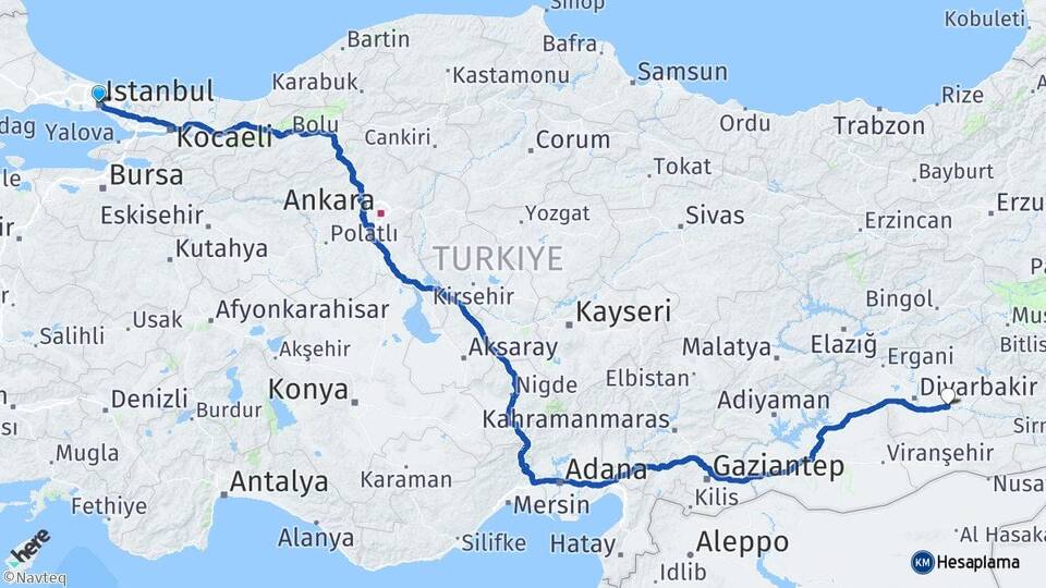 İstanbul Bismil Diyarbakır Arası Kaç Km - Yol Haritası
