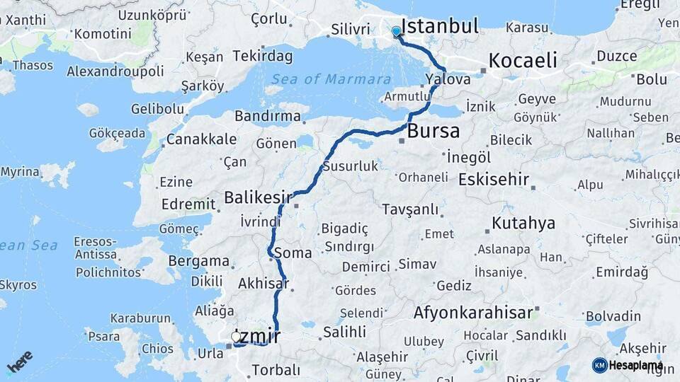 İstanbul Bornova İzmir Arası Kaç Km - Yol Haritası