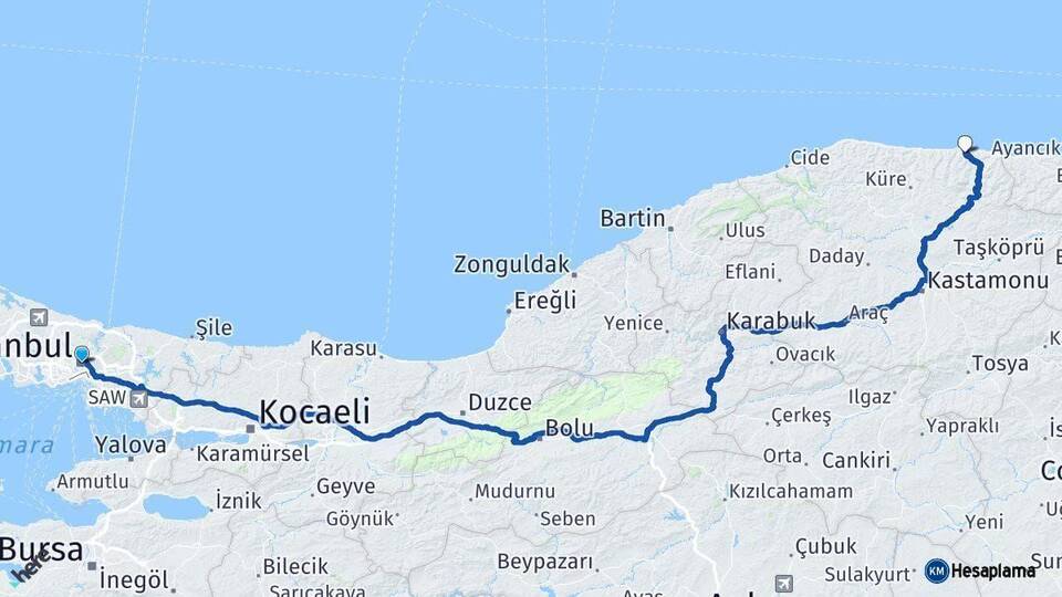 İstanbul Bozkurt Kastamonu Arası Kaç Km - Yol Haritası