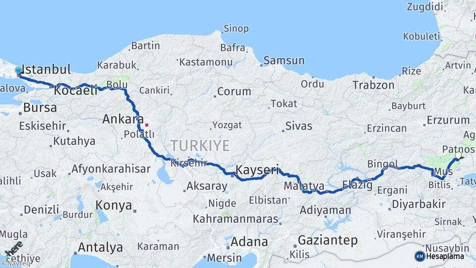 İstanbul Bulanık Muş Arası Kaç Km - Yol Haritası