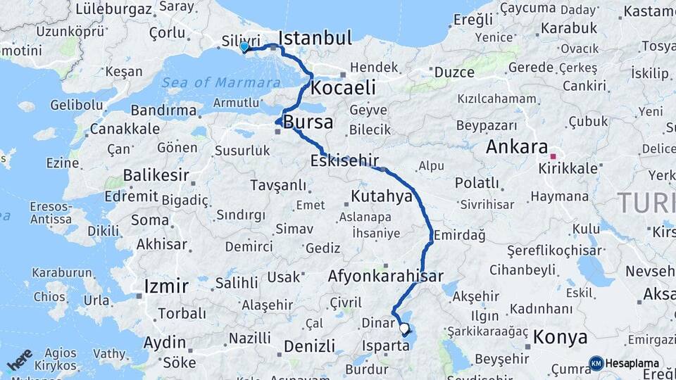 İstanbul Büyükçekmece Barla Eğirdir Isparta Arası Kaç Km - Yol Haritası