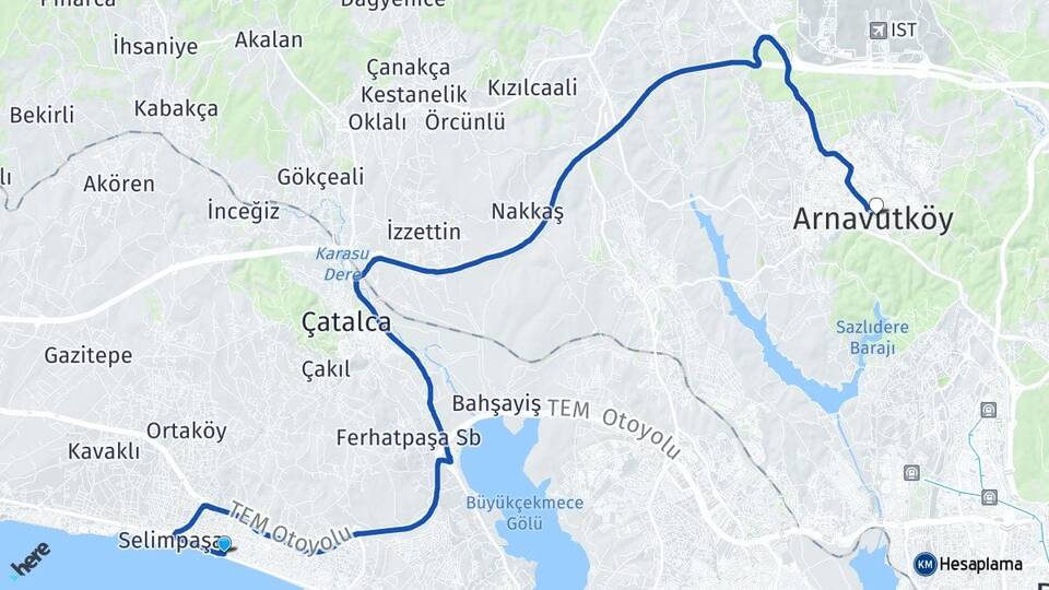 İstanbul Büyükçekmece Celaliye Arnavutköy Arası Kaç Km - Yol Haritası