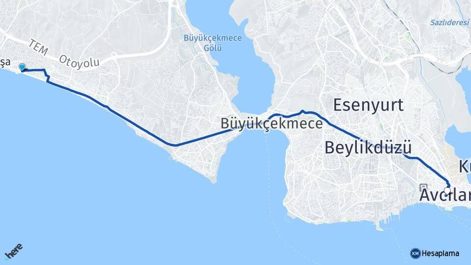 İstanbul Büyükçekmece Celaliye Avcılar Arası Kaç Km - Yol Haritası