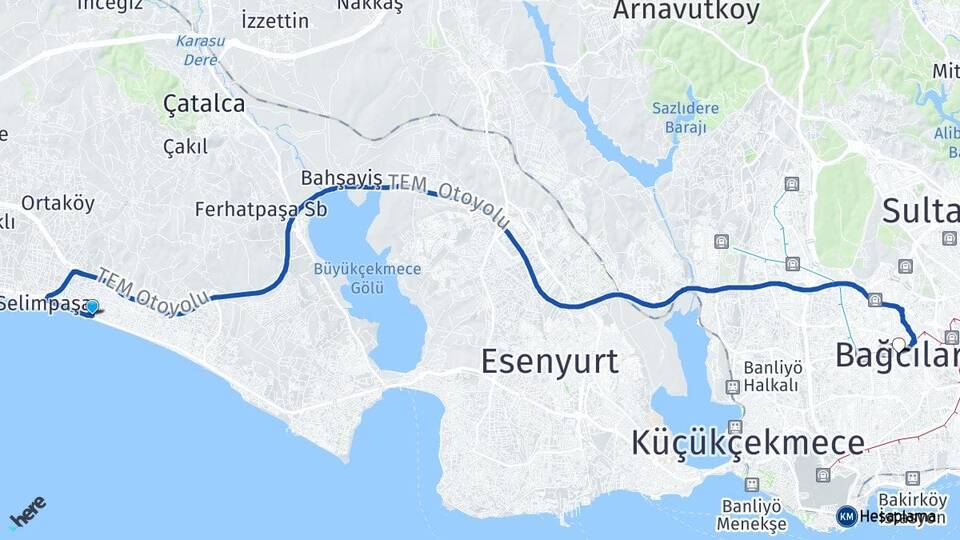 İstanbul Büyükçekmece Celaliye Bağcılar Arası Kaç Km - Yol Haritası