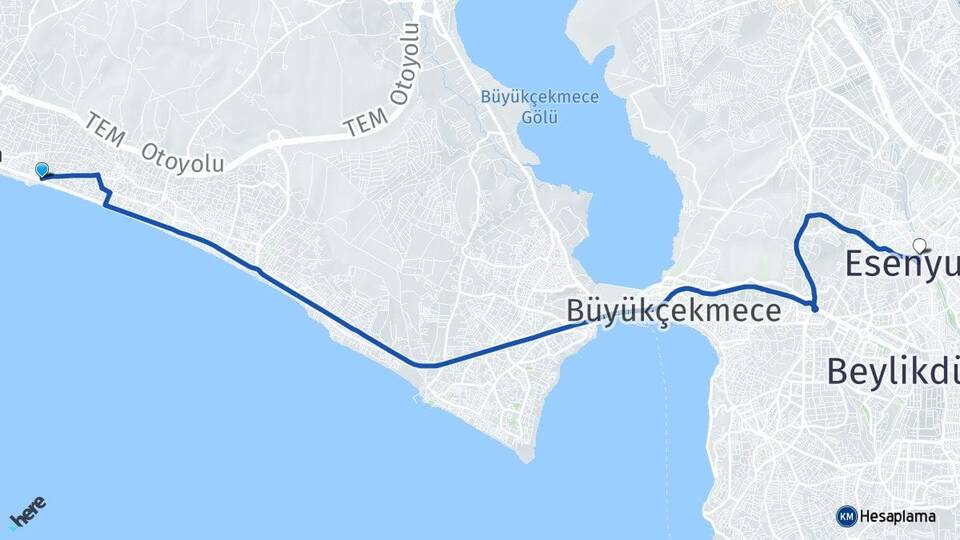 İstanbul Büyükçekmece Celaliye Esenyurt Arası Kaç Km - Yol Haritası