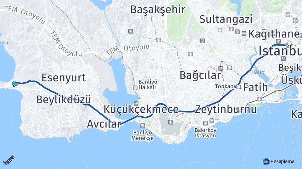 İstanbul Büyükçekmece Fulya Şişli Arası Kaç Km - Yol Haritası