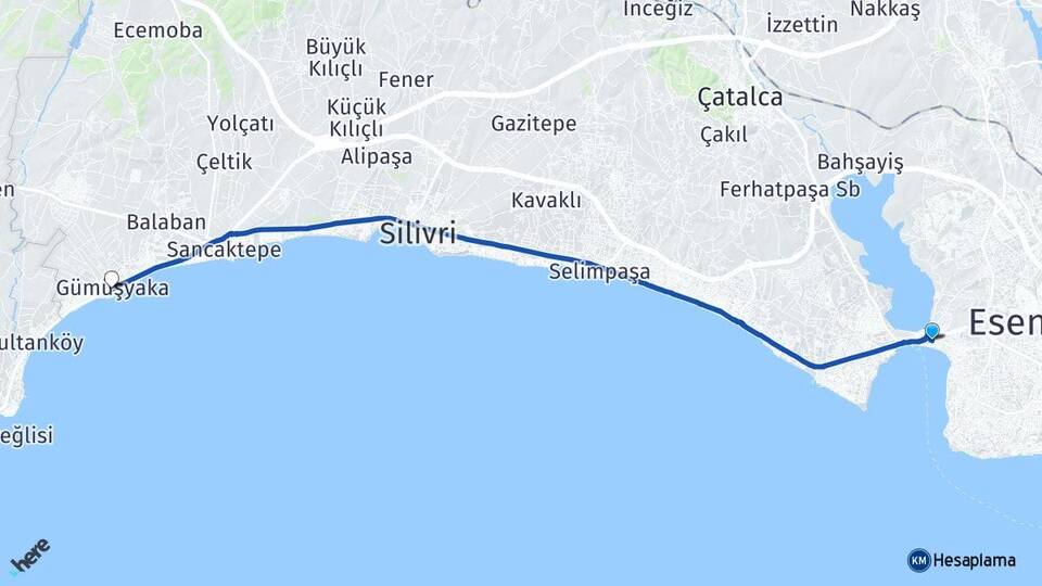 İstanbul Büyükçekmece Gümüşyaka Silivri Arası Kaç Km - Yol Haritası