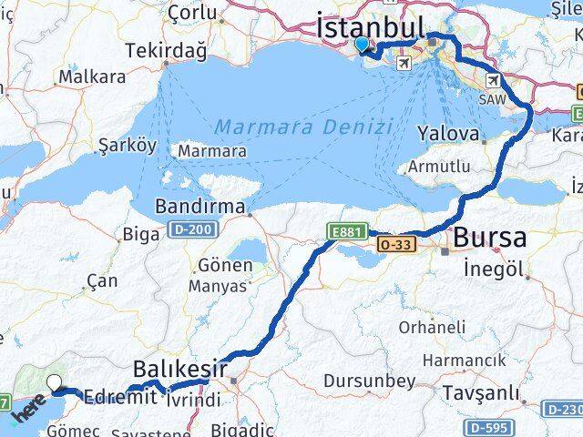İstanbul Büyükçekmece Güre Edremit Balıkesir Arası Kaç Km - Yol Haritası