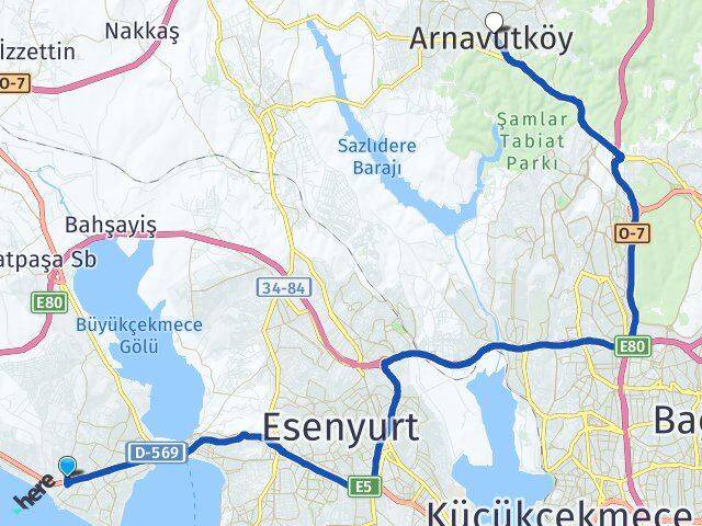 İstanbul Büyükçekmece Güzelce Arnavutköy Arası Kaç Km - Yol Haritası
