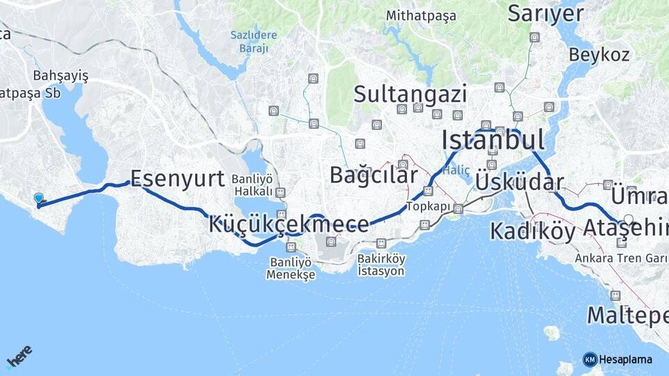 İstanbul Büyükçekmece Güzelce Ataşehir Arası Kaç Km - Yol Haritası