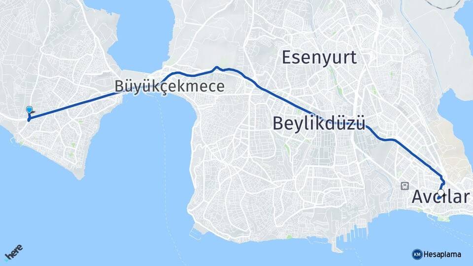 İstanbul Büyükçekmece Güzelce Avcılar Arası Kaç Km - Yol Haritası