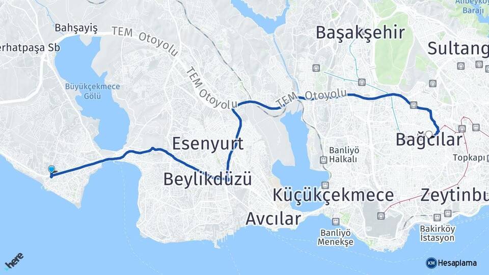 İstanbul Büyükçekmece Güzelce Bağcılar Arası Kaç Km - Yol Haritası