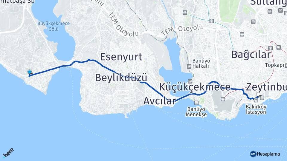 İstanbul Büyükçekmece Güzelce Bakırköy Arası Kaç Km - Yol Haritası