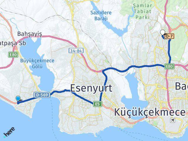 İstanbul Büyükçekmece Güzelce Başakşehir Arası Kaç Km - Yol Haritası