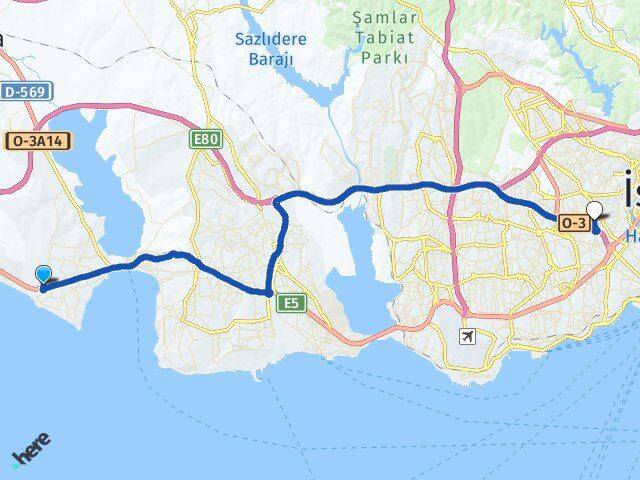İstanbul Büyükçekmece Güzelce Bayrampaşa Arası Kaç Km - Yol Haritası