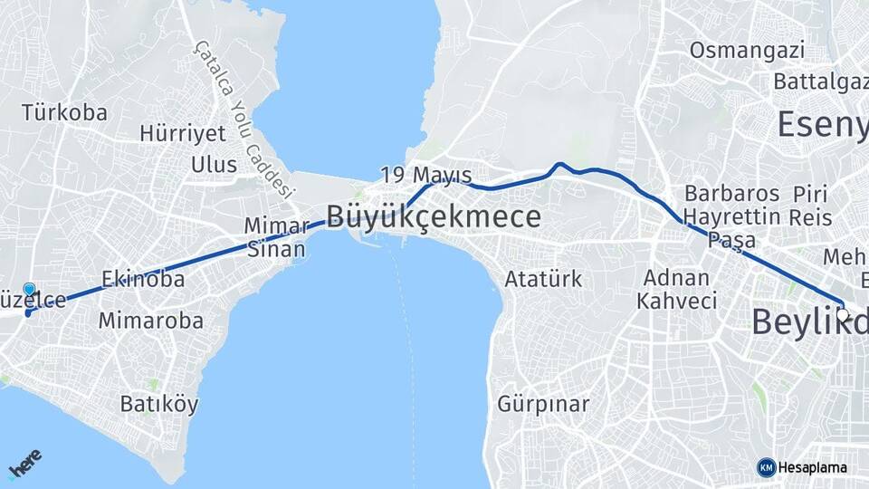 İstanbul Büyükçekmece Güzelce Beylikdüzü Arası Kaç Km - Yol Haritası