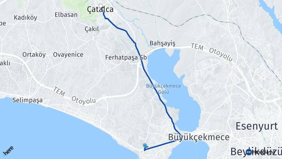 İstanbul Büyükçekmece Güzelce Çatalca Arası Kaç Km - Yol Haritası