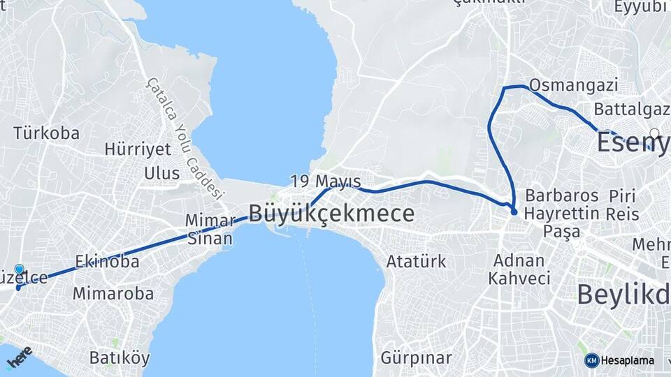 İstanbul Büyükçekmece Güzelce Esenyurt Arası Kaç Km - Yol Haritası