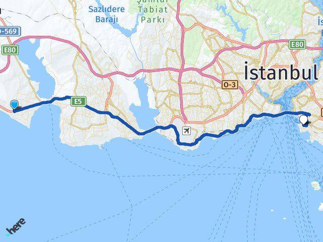 İstanbul Büyükçekmece Güzelce Kadıköy Arası Kaç Km - Yol Haritası