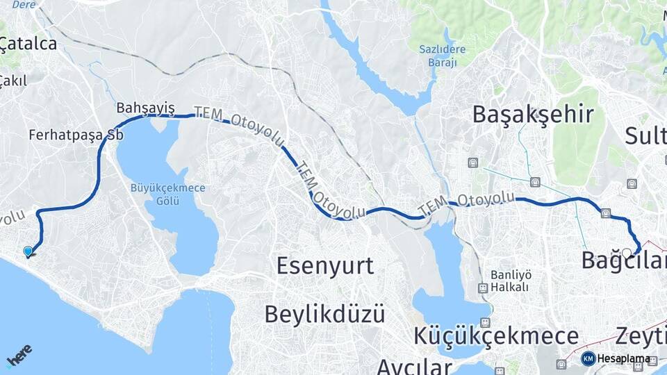 İstanbul Büyükçekmece Kumburgaz Bağcılar Arası Kaç Km - Yol Haritası