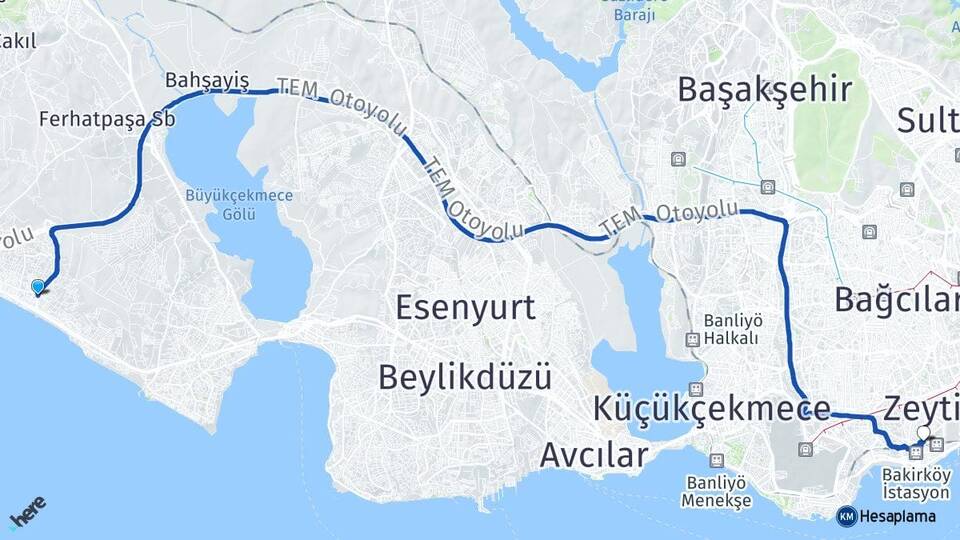 İstanbul Büyükçekmece Kumburgaz Bakırköy Arası Kaç Km - Yol Haritası