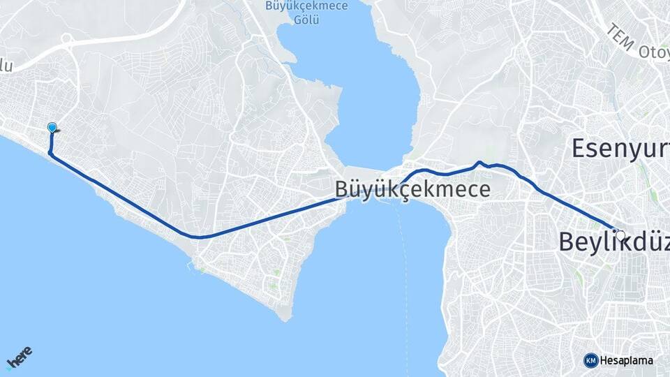 İstanbul Büyükçekmece Kumburgaz Beylikdüzü Arası Kaç Km - Yol Haritası