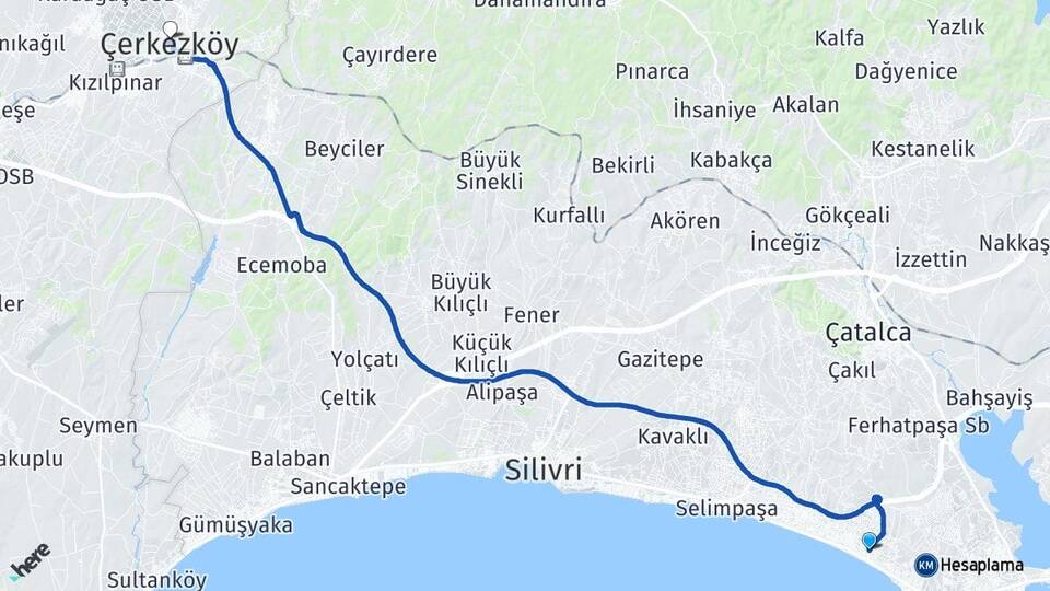 İstanbul Büyükçekmece Kumburgaz Çerkezköy Tekirdağ Arası Kaç Km - Yol Haritası