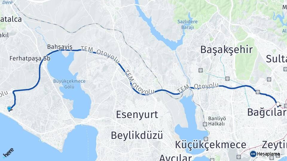 İstanbul Büyükçekmece Kumburgaz Esenler Arası Kaç Km - Yol Haritası