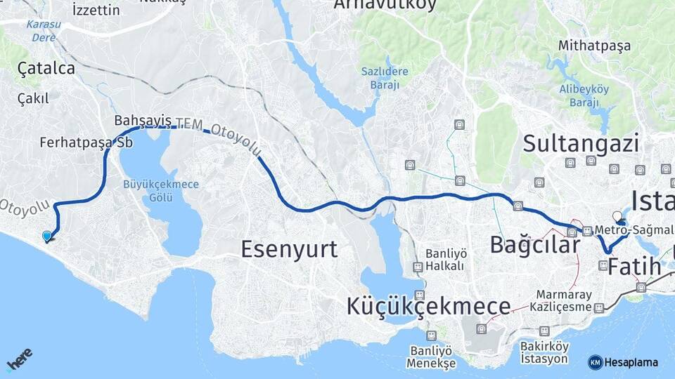 İstanbul Büyükçekmece Kumburgaz Eyüpsultan Arası Kaç Km - Yol Haritası