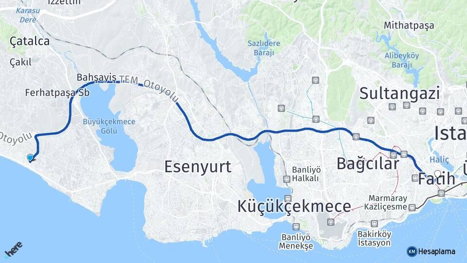 İstanbul Büyükçekmece Kumburgaz Fatih Arası Kaç Km - Yol Haritası