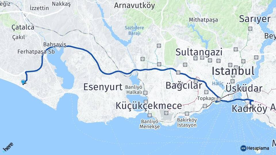 İstanbul Büyükçekmece Kumburgaz Kadıköy Arası Kaç Km - Yol Haritası