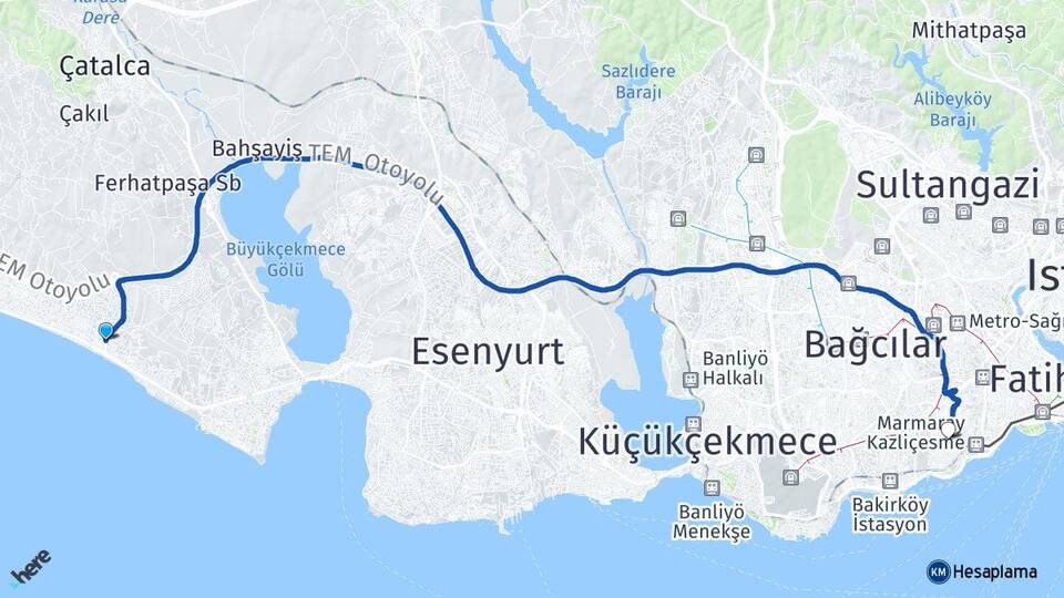 İstanbul Büyükçekmece Kumburgaz Zeytinburnu Arası Kaç Km - Yol Haritası