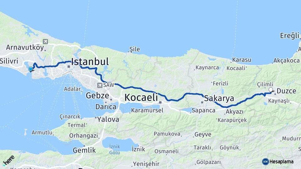 İstanbul Büyükçekmece Taşköprü Düzce Arası Kaç Km - Yol Haritası