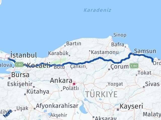 İstanbul Çamaş Ordu Arası Kaç Km - Yol Haritası