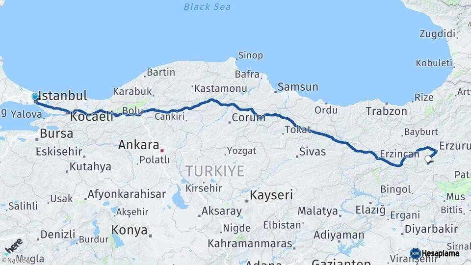 İstanbul Çat Erzurum Arası Kaç Km - Yol Haritası