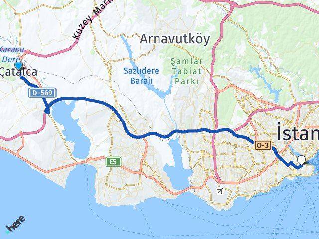 İstanbul Çatalca Eminönü Fatih Arası Kaç Km - Yol Haritası