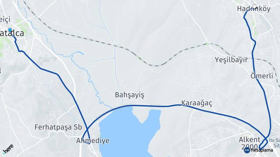 İstanbul Çatalca Hadımköy Arnavutköy Arası Kaç Km - Yol Haritası