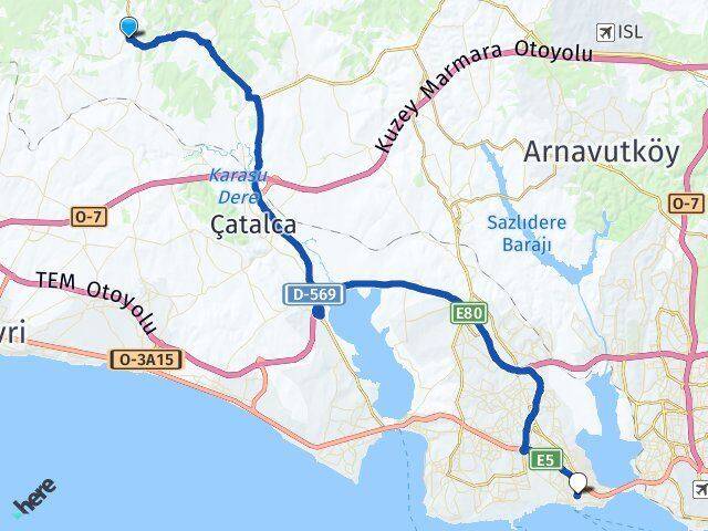 İstanbul Çatalca İhsaniye Avcılar Arası Kaç Km - Yol Haritası