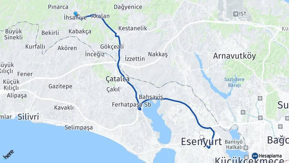 İstanbul Çatalca İhsaniye Esenyurt Arası Kaç Km - Yol Haritası
