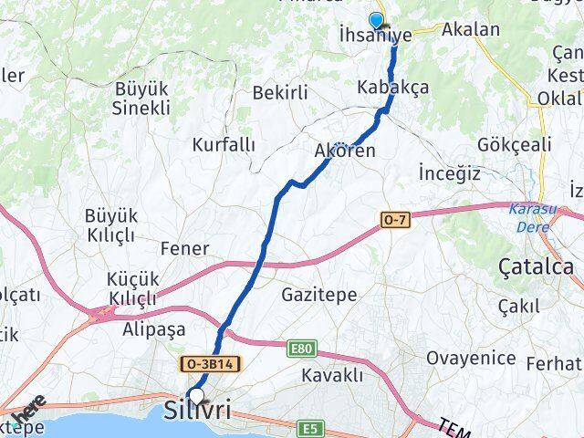İstanbul Çatalca İhsaniye Silivri Arası Kaç Km - Yol Haritası