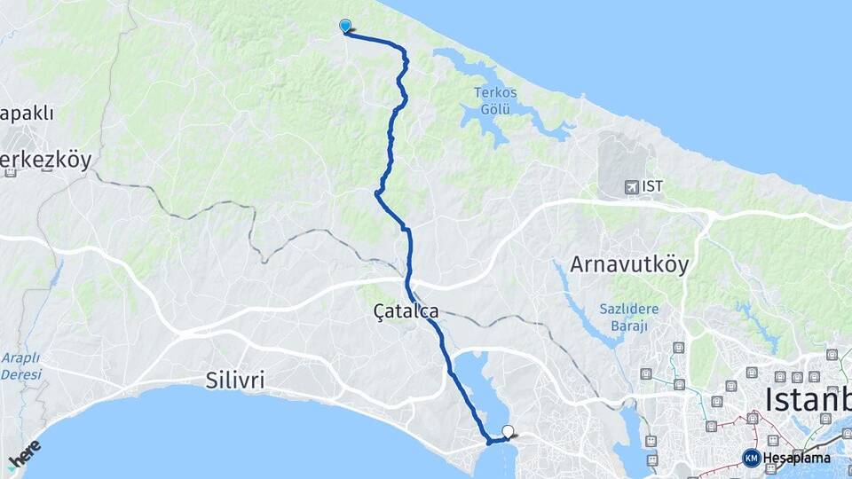 İstanbul Çatalca Karacaköy Büyükçekmece Arası Kaç Km - Yol Haritası