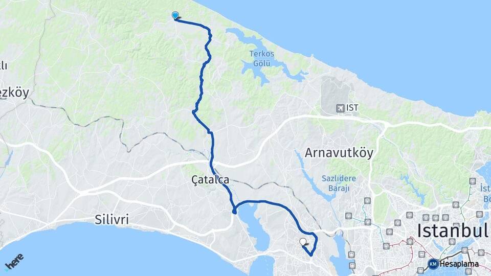 İstanbul Çatalca Karacaköy Esenyurt Arası Kaç Km - Yol Haritası