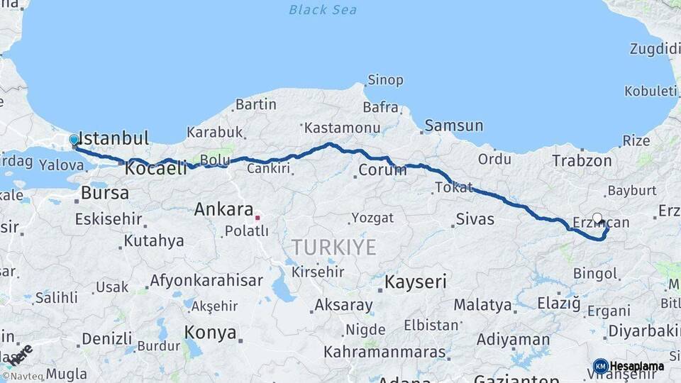 İstanbul Çayırlı Erzincan Arası Kaç Km - Yol Haritası