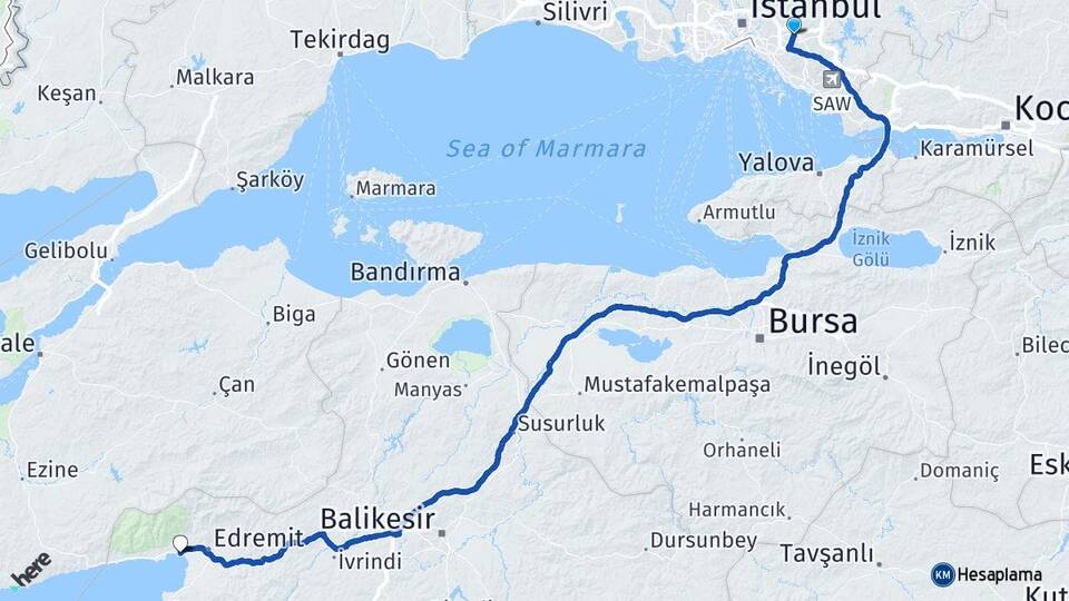 İstanbul Çekmeköy Akçay Edremit Balıkesir Arası Kaç Km - Yol Haritası