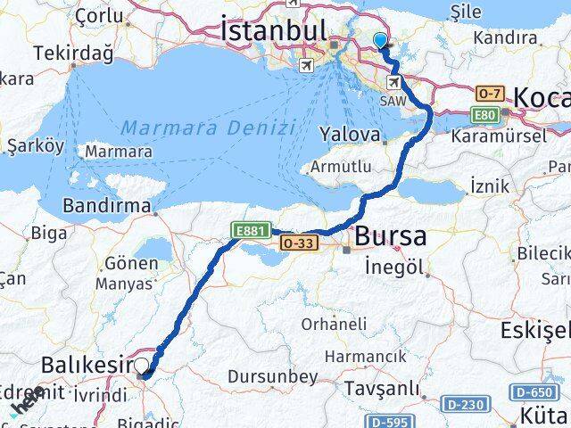 İstanbul Çekmeköy Alemdağ Altıeylül Balıkesir Arası Kaç Km - Yol Haritası