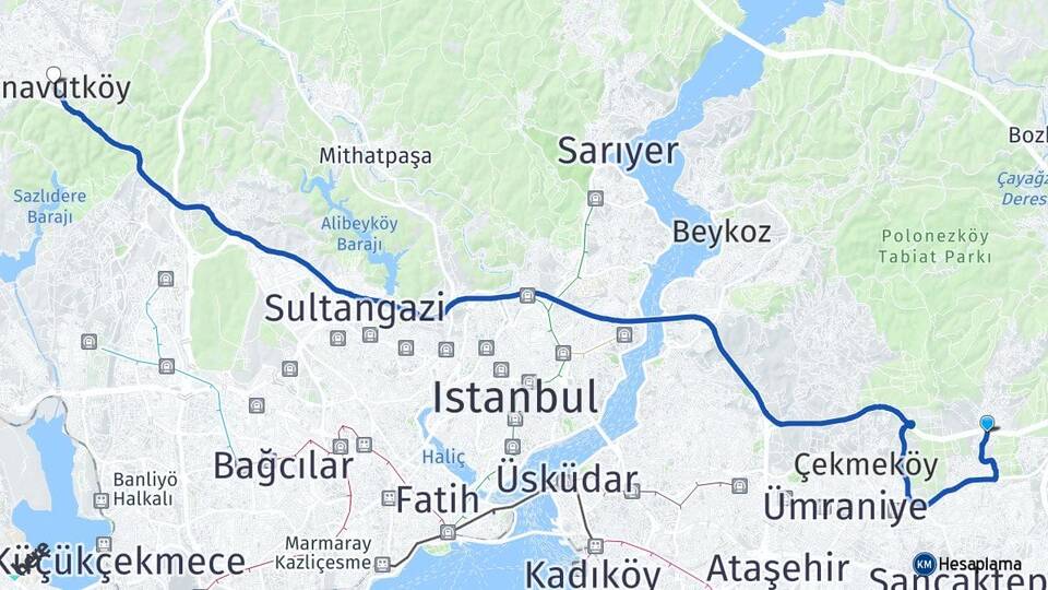 İstanbul Çekmeköy Alemdağ Arnavutköy Arası Kaç Km - Yol Haritası