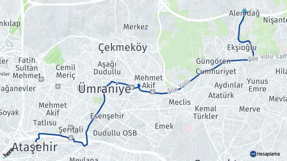 İstanbul Çekmeköy Alemdağ Ataşehir Arası Kaç Km - Yol Haritası