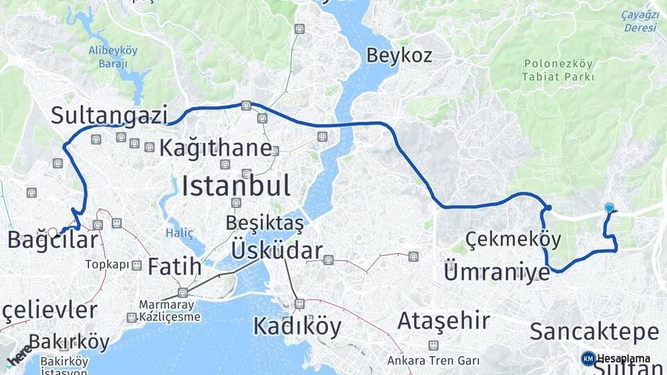 İstanbul Çekmeköy Alemdağ Bağcılar Arası Kaç Km - Yol Haritası