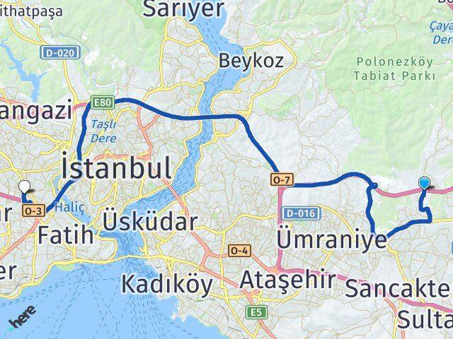 İstanbul Çekmeköy Alemdağ Bayrampaşa Arası Kaç Km - Yol Haritası