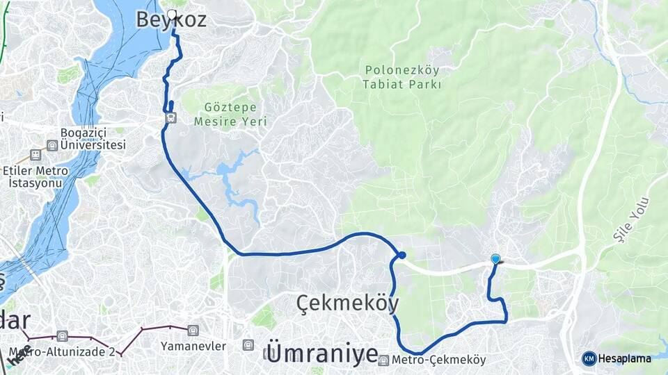 İstanbul Çekmeköy Alemdağ Beykoz Arası Kaç Km - Yol Haritası